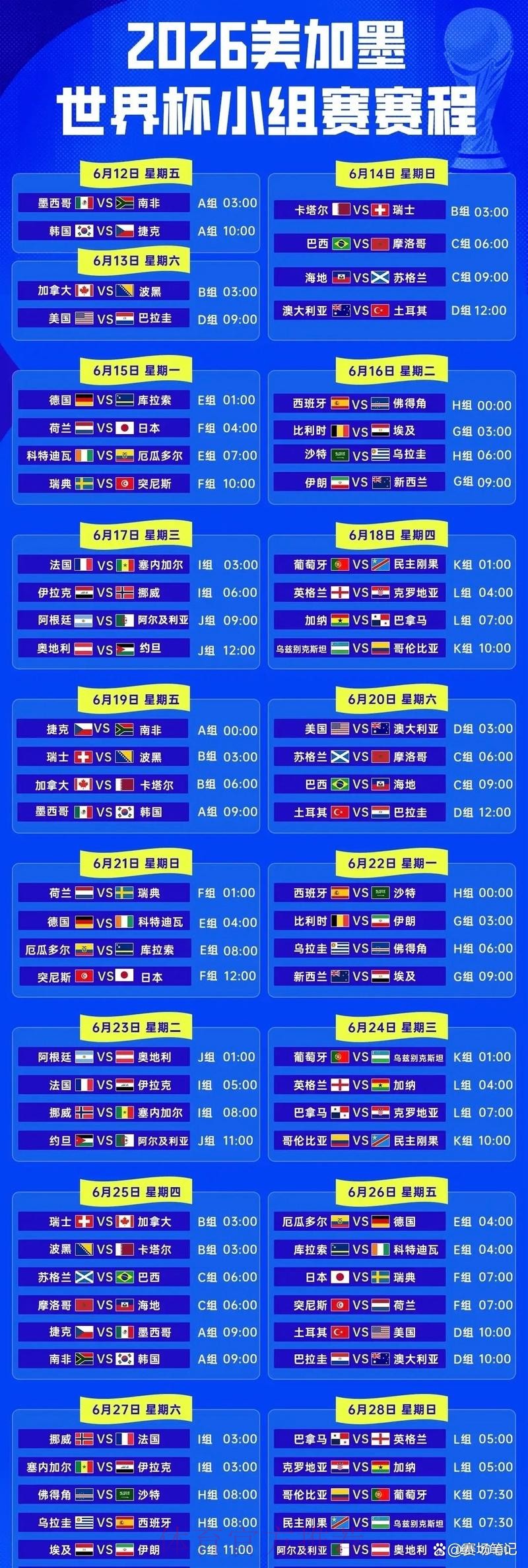 2026世界杯决赛比赛时间表 2026世界杯决赛比赛时间表